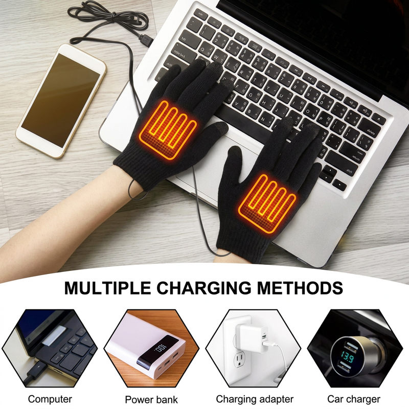 Heated gloves typing on a laptop, with charging options: computer, power bank, wall adapter and car charger